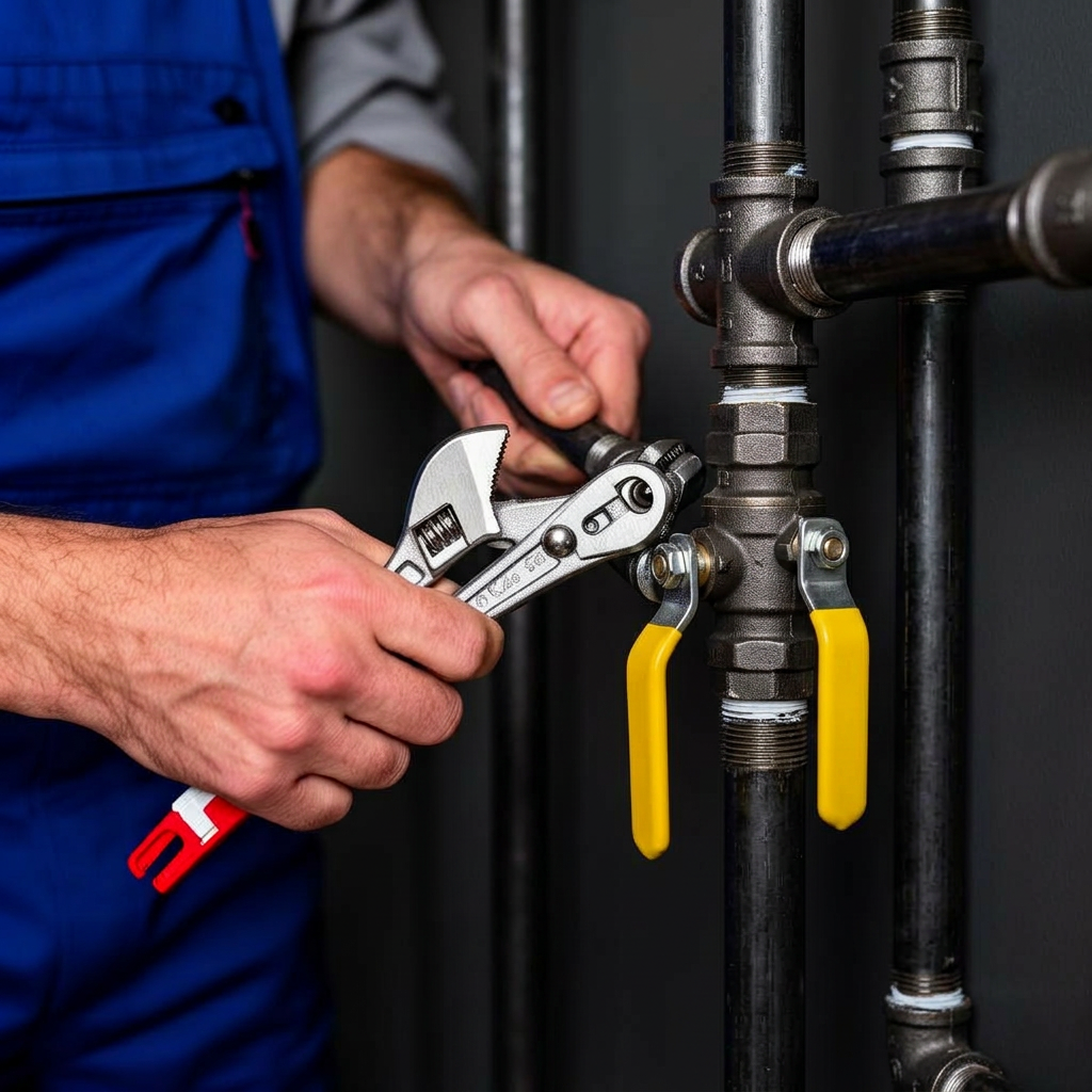 Plumber installing black iron gas line with shutoff valves